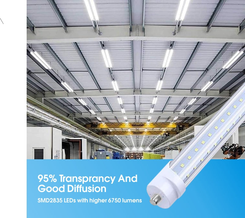 T8 8FT LED Tube Light, 8 Foot T8 V Shaped Single Pin FA8 Base, Ballast Bypass 270° 50W 6750LM, 6500K Cool White, Clear PC Cover (Replace 150W LED Flourescent Bulbs) Dual-Ended Power AC100-277V