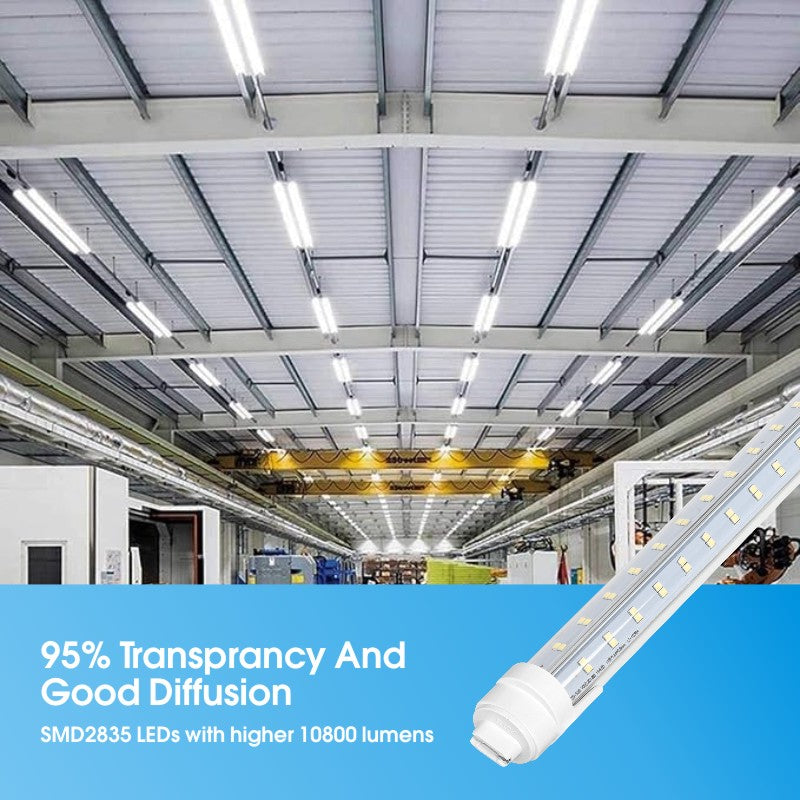 Super Bright V Shaped 8FT R17D/HO LED Tube Lights 270° Angel, 4 Row LEDs 80W 10800lm 6500K Cold White, Clear PC Cover (Replace for F96T12/CW/HO150W) Ballast Bypass Dual-Ended Power AC100-277V