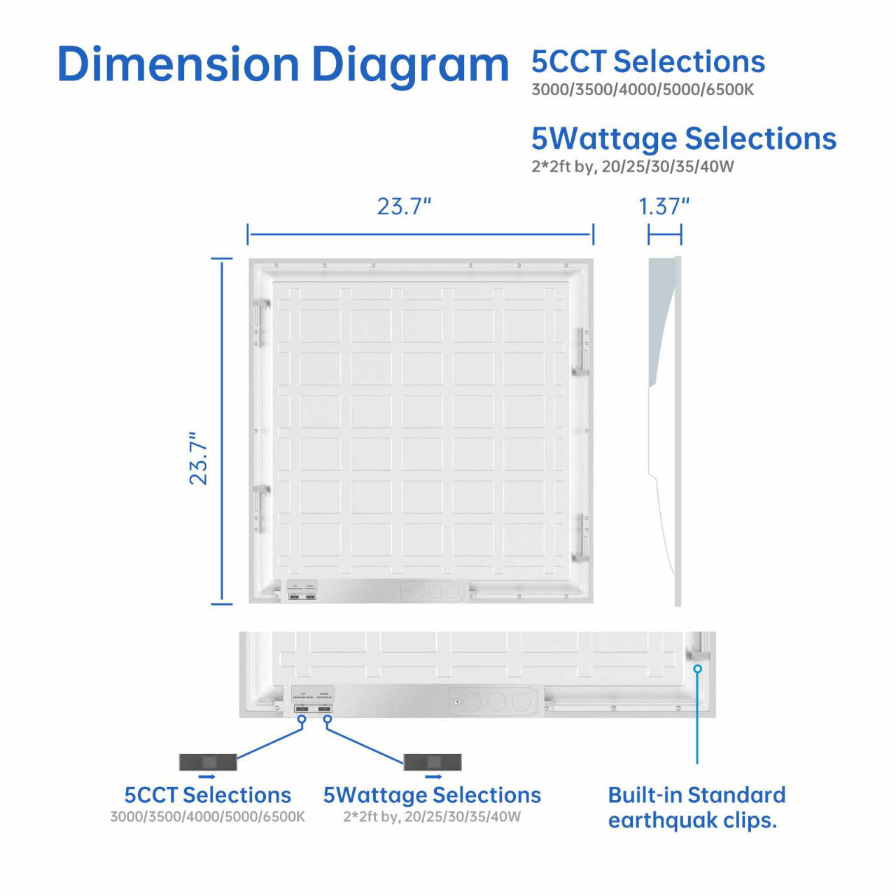 2x2 FT LED Light Flat Panel, 20/25/30/35/40W, 5 Color Temps 3K/3.5K/4K/5K/6.5K,  Dimmable Recessed Drop Ceiling Lights, 2500-5000 Lumens, Lay in Fixture for Office, 120-277V, ETL DLC