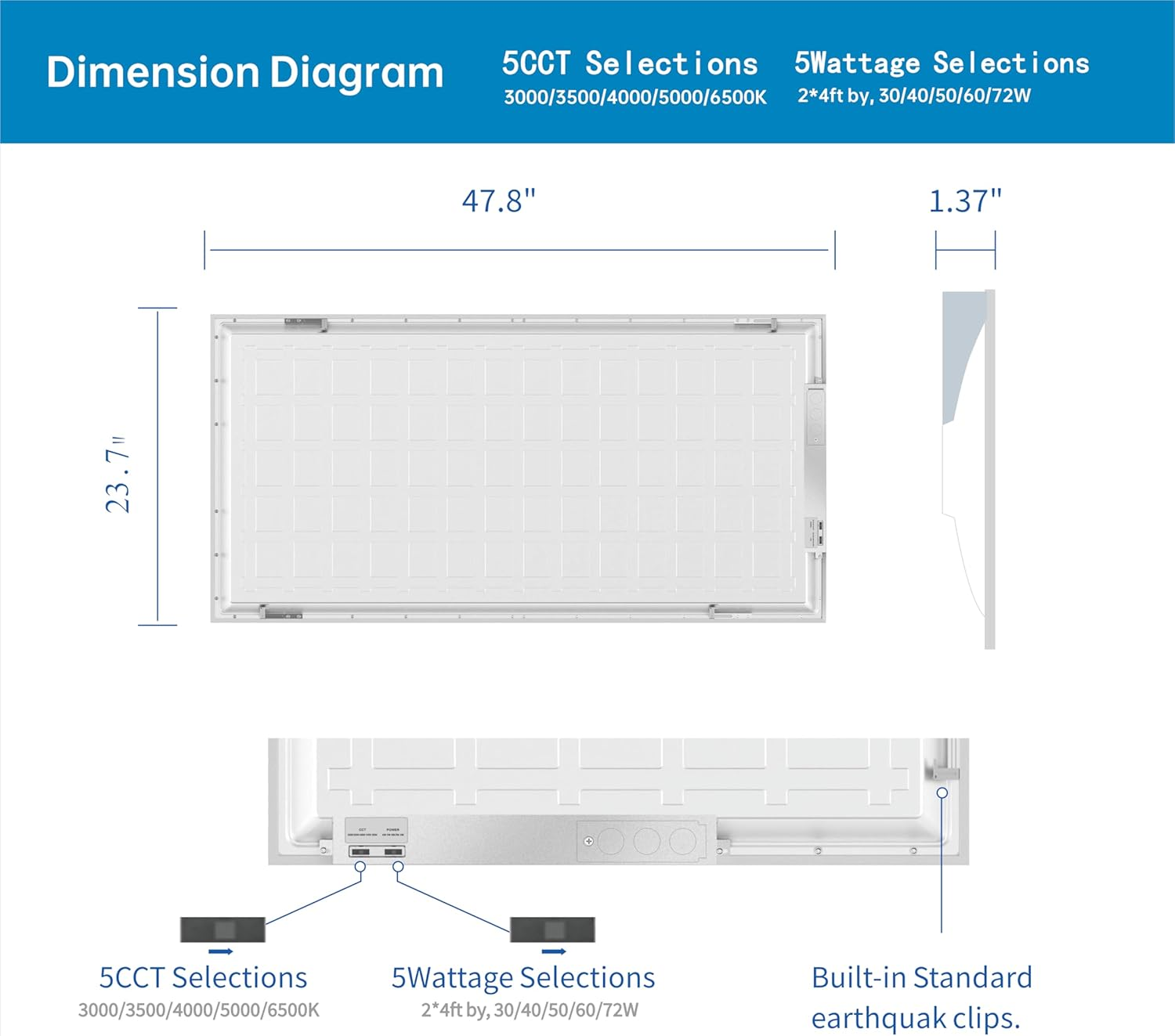 2x4 FT LED Light Flat Panel, 40-72W, 5 CCT 3K | 3.5K | 4K | 5K | 6.5K, Dimmable Recessed Drop Ceiling Lights, 3750/5000/6250/7500/9000 Lumens, Lay in Fixture for Office, 120-277V, ETL DLC