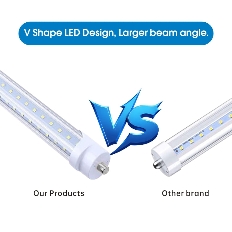 T8 8FT LED Tube Light, 8 Foot T8 V Shaped Single Pin FA8 Base, Ballast Bypass 270° 50W 6750LM, 6500K Cool White, Clear PC Cover (Replace 150W LED Flourescent Bulbs) Dual-Ended Power AC100-277V