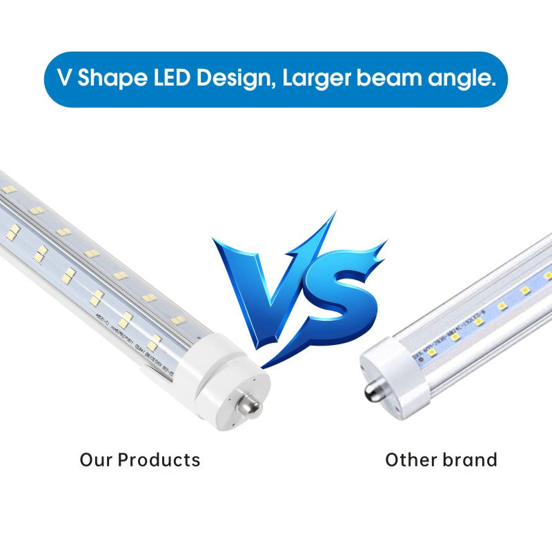 Super Bright V Shaped 8FT 270° Angel, 4 Row LEDs 80W 10800lm 6500K Cold White, 8 Foot FA8 Single Pin LED Tube Lights, T8 T10 T12 LED Tube Lights, Clear PC Cover, Dual-Ended Power AC100-277V