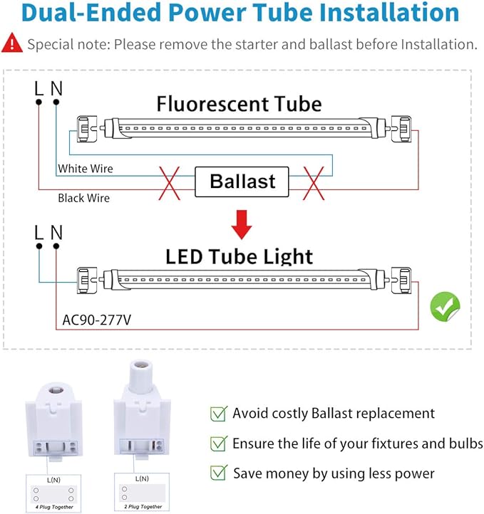 T8 8FT LED Tube Light, 8 Foot T8 V Shaped Single Pin FA8 Base, Ballast Bypass 270° 50W 6750LM, 6500K Cool White, Clear PC Cover (Replace 150W LED Flourescent Bulbs) Dual-Ended Power AC100-277V