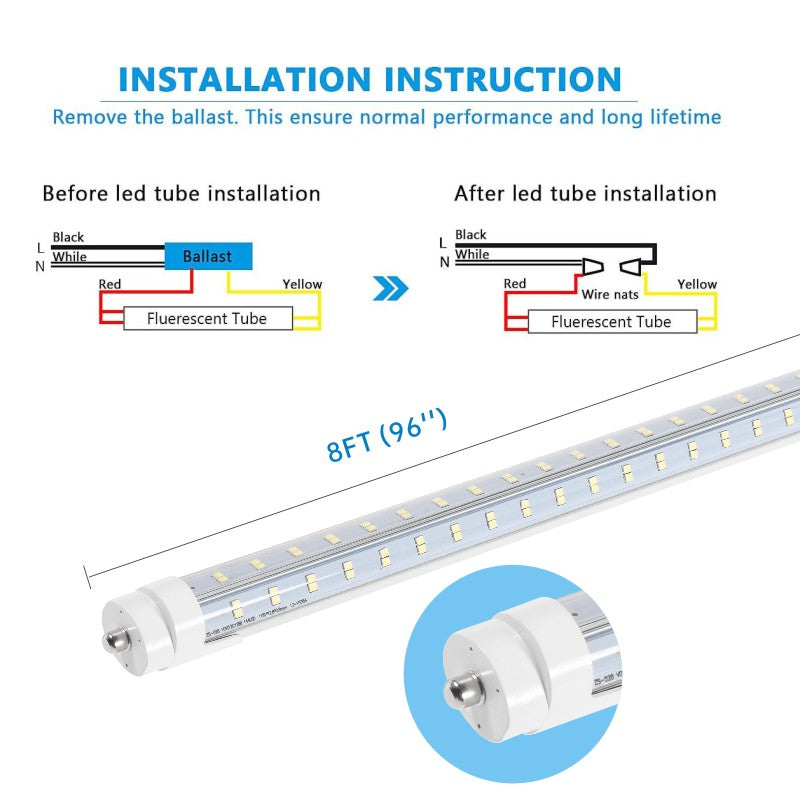 Super Bright V Shaped 8FT 270° Angel, 4 Row LEDs 80W 10800lm 6500K Cold White, 8 Foot FA8 Single Pin LED Tube Lights, T8 T10 T12 LED Tube Lights, Clear PC Cover, Dual-Ended Power AC100-277V