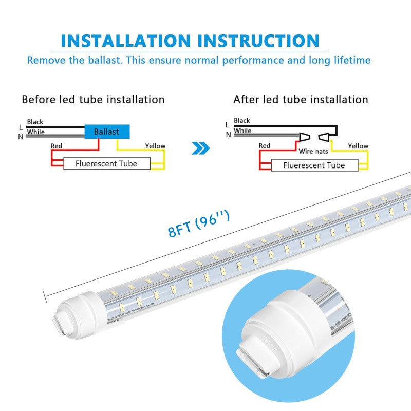 Super Bright V Shaped 8FT R17D/HO LED Tube Lights 270° Angel, 4 Row LEDs 80W 10800lm 6500K Cold White, Clear PC Cover (Replace for F96T12/CW/HO150W) Ballast Bypass Dual-Ended Power AC100-277V