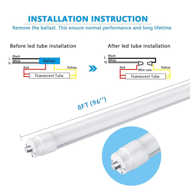 T8 8FT LED Tube Light, 8 Foot T8 LED Tube Light Single Pin FA8 Base, Ballast Bypass 50W 6750LM, 6500K Cool White, Frosted Cover (Replace 150W LED Flourescent Bulbs) Dual-Ended Power AC100-277V