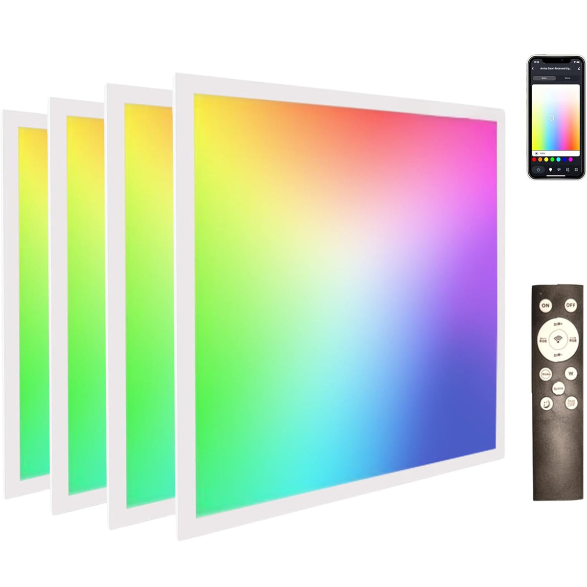 2x2 FT LED RGBW 5000K Multicolor Flat Panel Light Remote & App Controlled 40W 4400lm Color Changing LED Panel Light Smart Wi-Fi Drop Ceiling Light with Alexa/Google Assistant