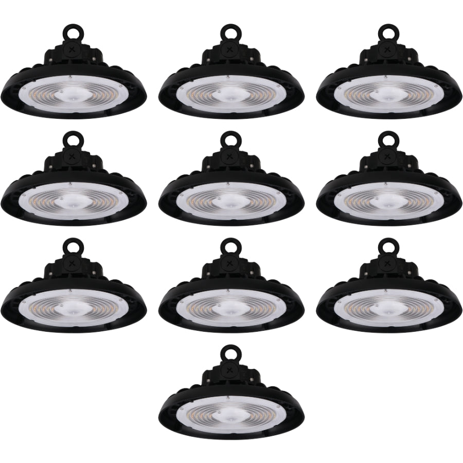 Ten-pack industrial UFO LED high bay light kit designed for expansive commercial spaces requiring consistent overhead illumination.