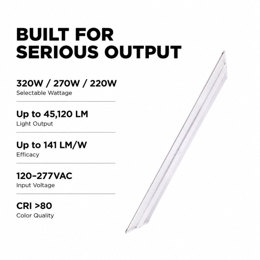 1000w linear high bay replacements​
 shown diagonally on a white background, with text listing product specs: 320W / 270W / 220W selectable wattage, up to 45,120 LM light output, up to 141 LM/W efficacy, 120-277VAC input voltage, and CRI >80 color quality.