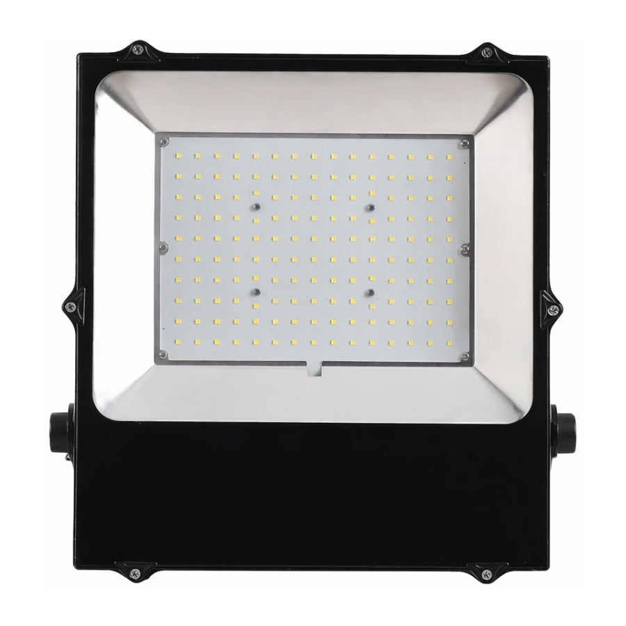 LED flood light with black frame and visible LED components on a white background