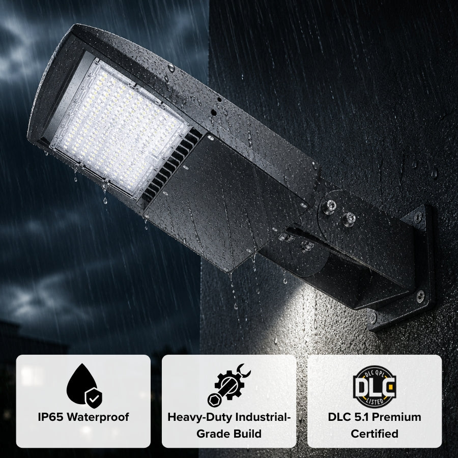 LED street light with raindrop effects on a dark background, featuring waterproof and certification logos.