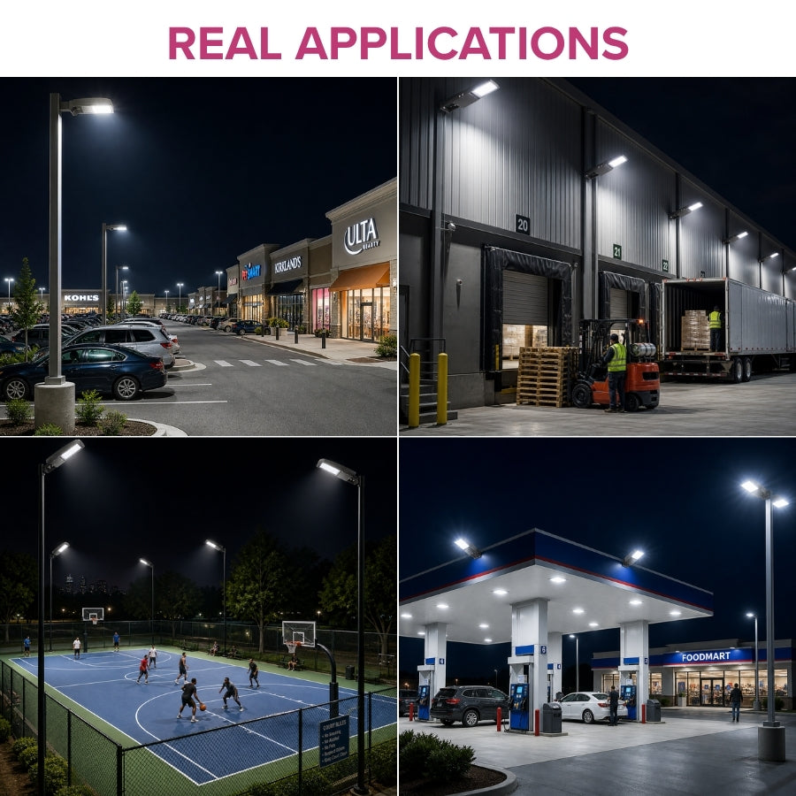 Collage of outdoor lighting applications including a street, warehouse, sports court, and store.