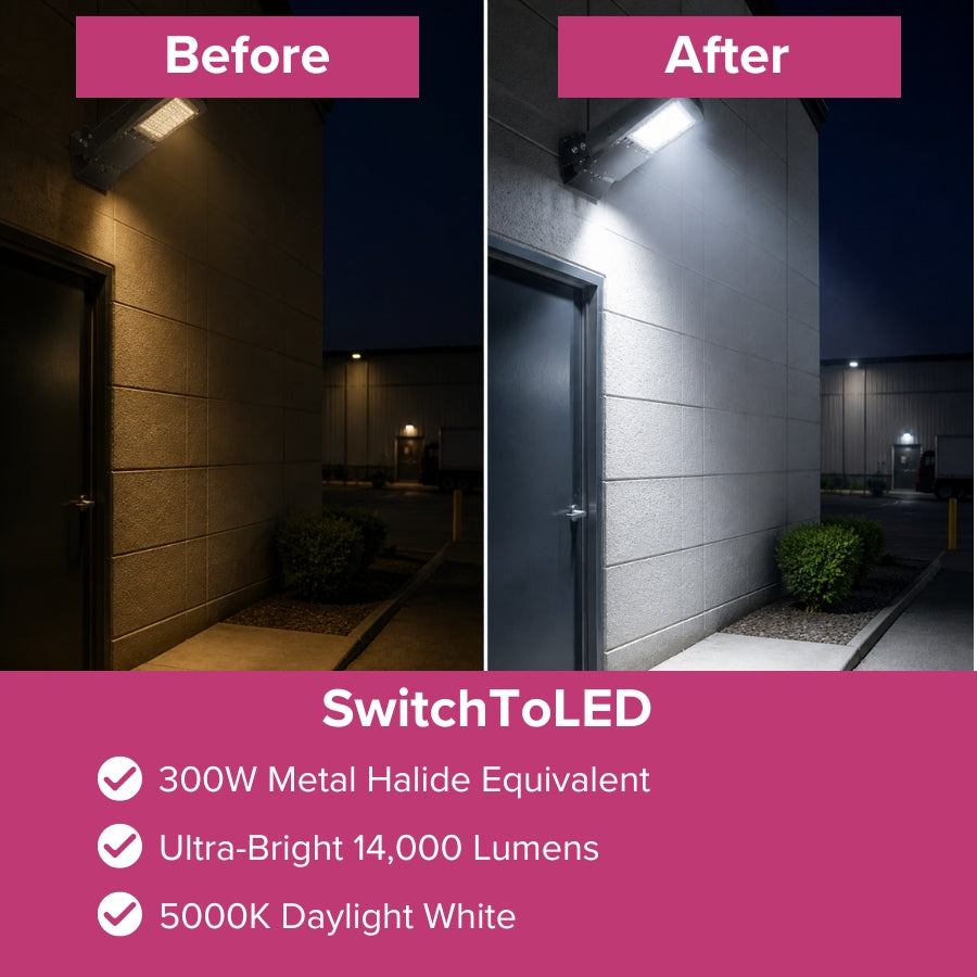 Before and after comparison of outdoor lighting with LED fixture, featuring SwitchToLED branding.