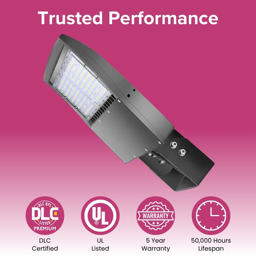 LED street light with certification logos on a pink background