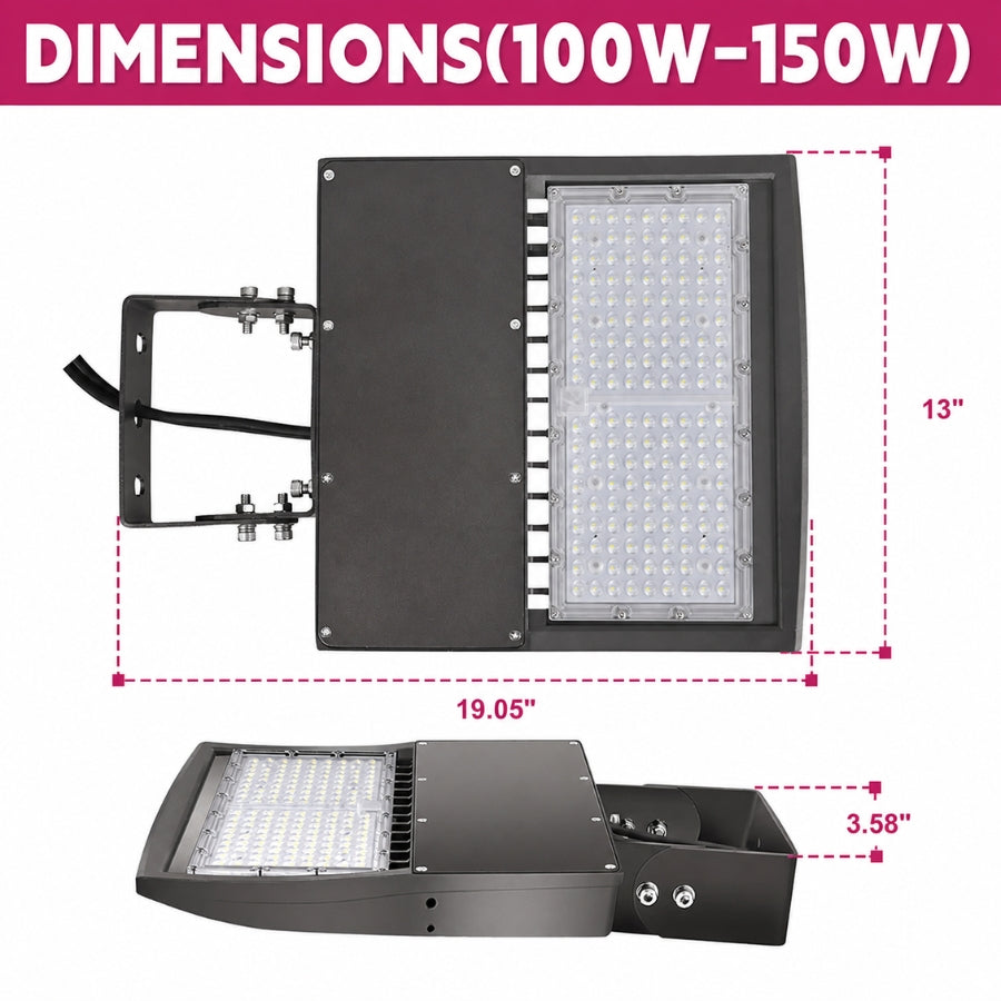 LED flood light with dimensions labeled on a white background