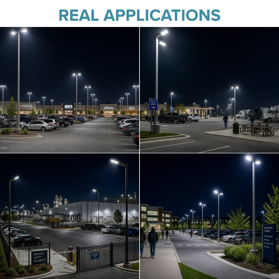 Collage of streetlights illuminating various outdoor settings at night.