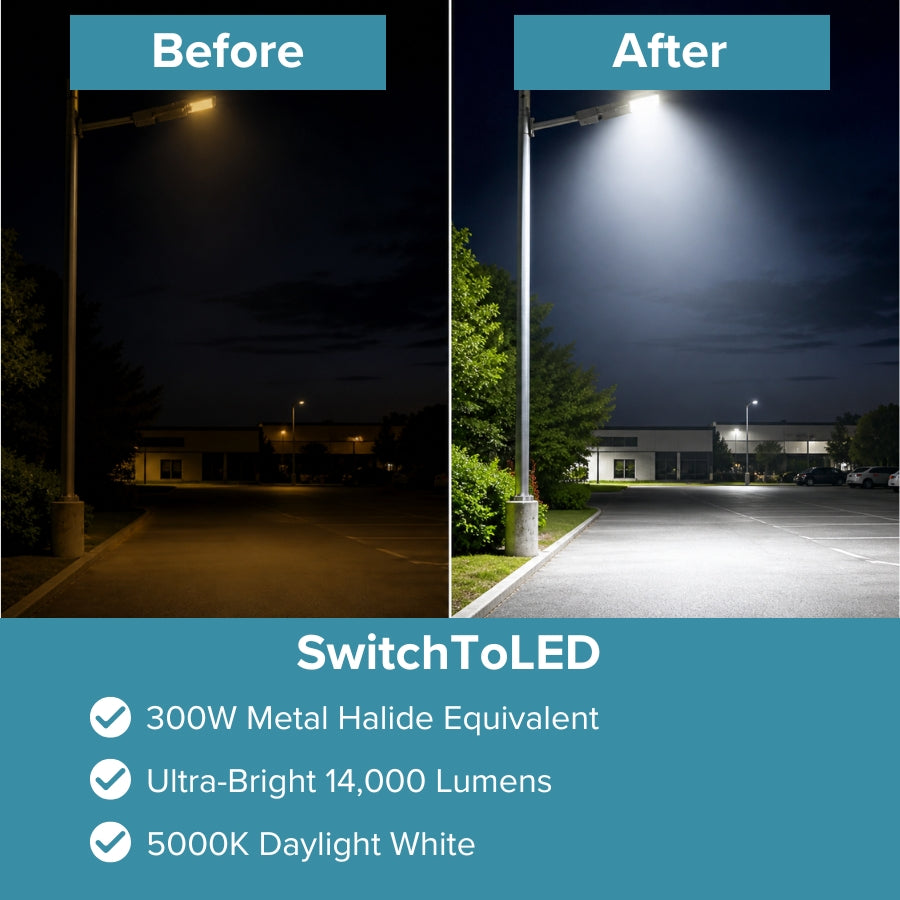 Before and after comparison of a streetlight with SwitchToLED branding highlighting features.