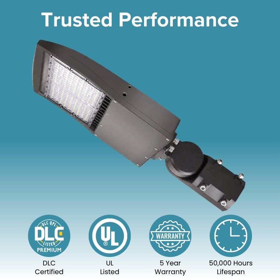 Street light with certification logos on a blue background