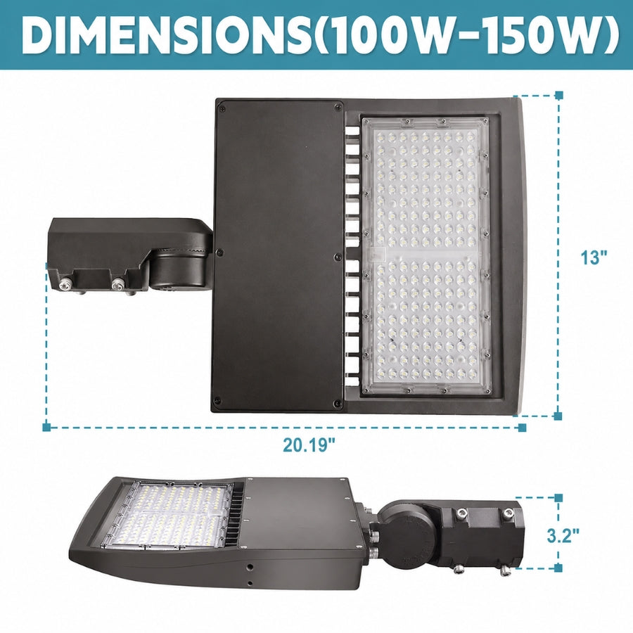 LED street light with dimensions labeled on a white background