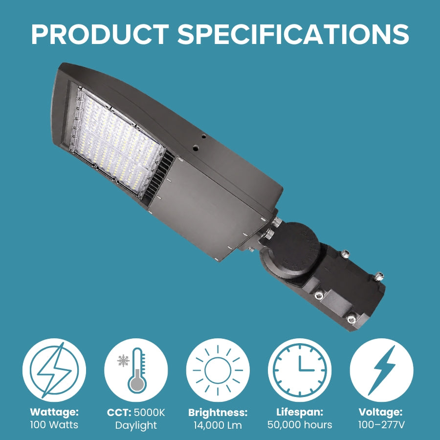 LED street light with specifications on a blue background