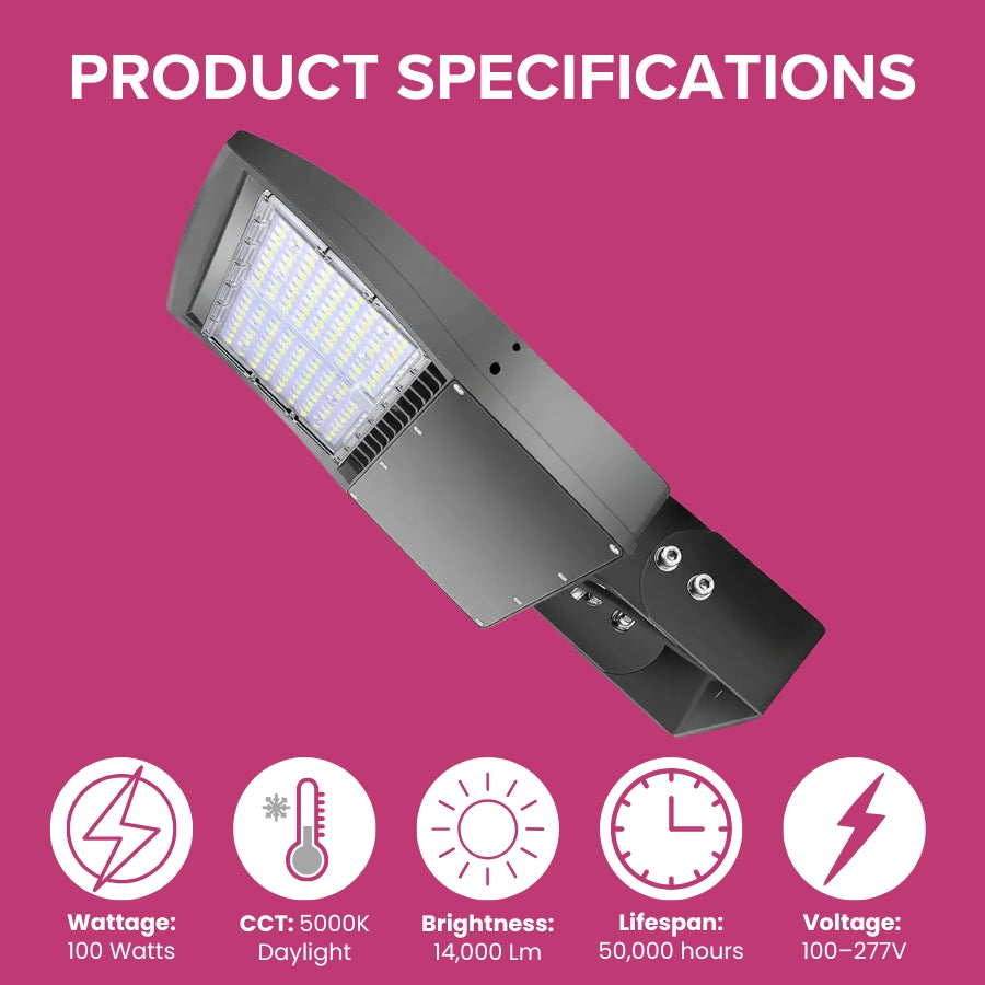 LED street light with specifications on a pink background