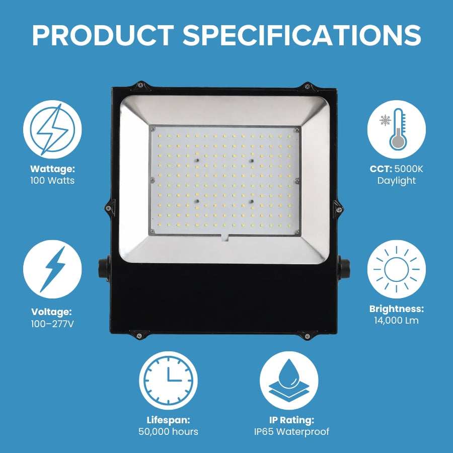 100W LED flood light specifications 14000 lumens 5000K 100-277V 50000 hours IP65