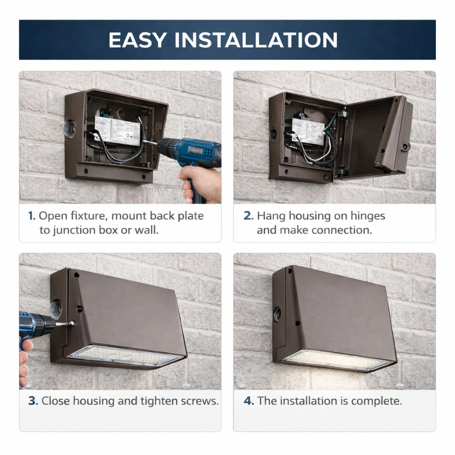 Step-by-step installation guide for a wall-mounted light fixture on a brick wall background.