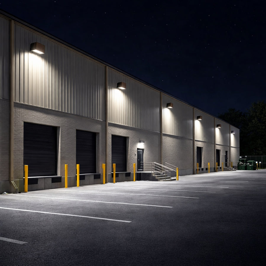 led wall pack at Industrial building with multiple garage doors at night