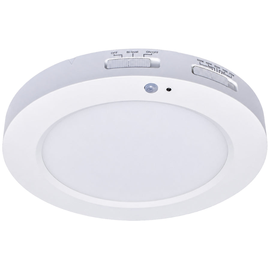 7" 15W LED Surface Mount Downlight with Motion Sensor - 5CCT Selectable (2700K–5000K) - TRIAC Dimmable - 100W Incandescent Equivalent - 1250 Lumens - White Finish