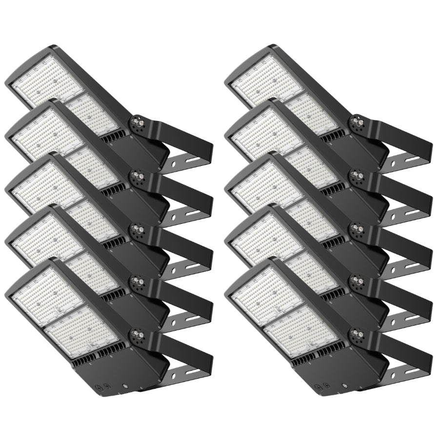 Bulk pack of 300W LED flood lights designed for large-scale installations, delivering 40,500 lumens each, perfect for warehouses and parking areas in 10 pack bundles.