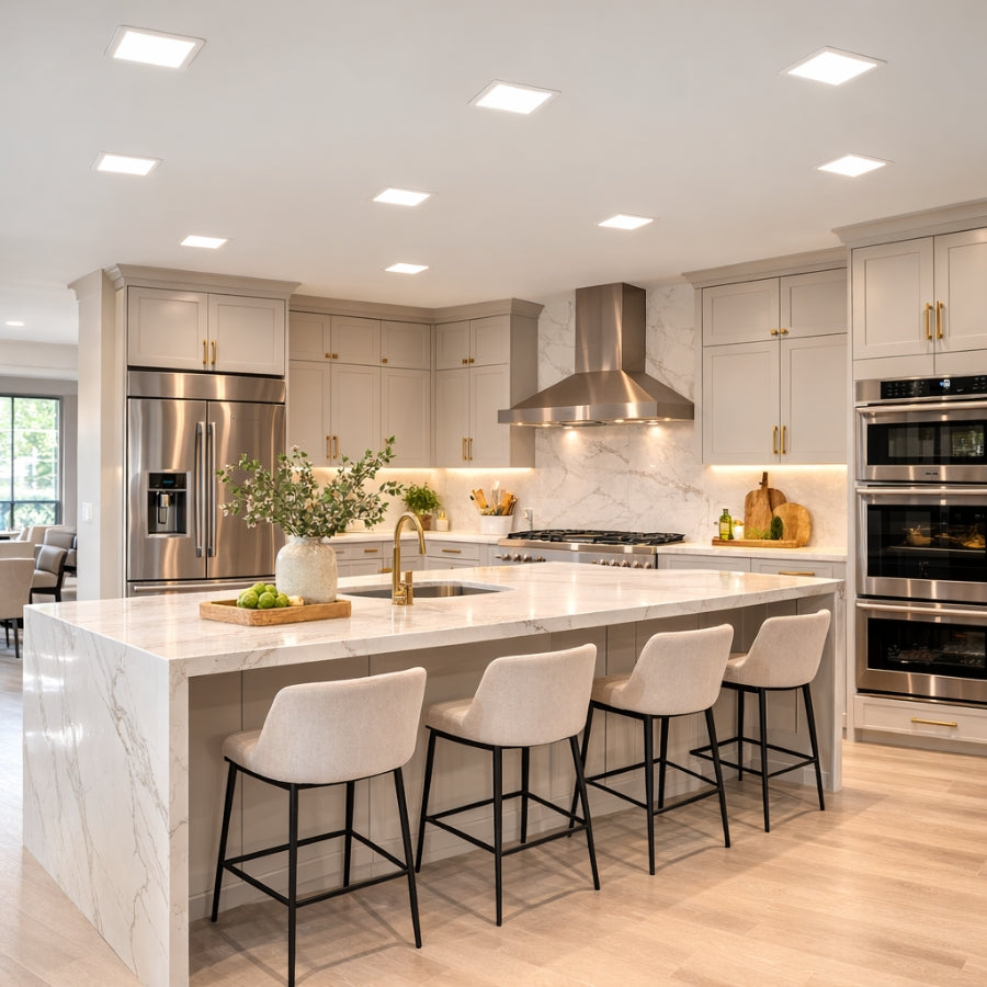 Modern kitchen with marble island, stainless steel appliances, and white chairs. square led recessed downlight application at switchtoled.com
