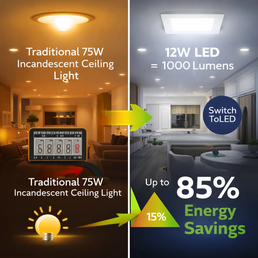 Comparison of traditional 75W incandescent ceiling light and 12W LED light with energy savings text.