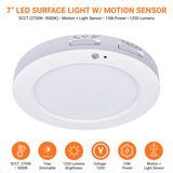 7" 15W LED Surface Mount Downlight with Motion Sensor - 5CCT Selectable (2700K–5000K) - TRIAC Dimmable - 100W Incandescent Equivalent - 1250 Lumens - White Finish