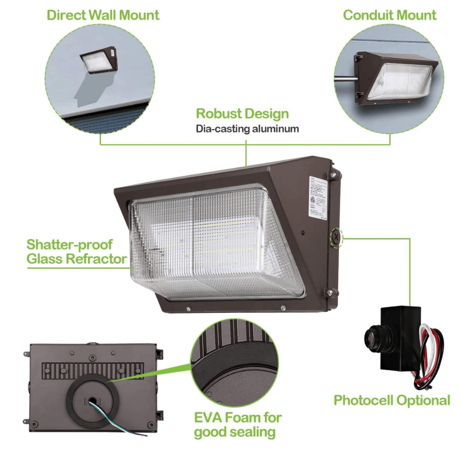 120W Rotatable LED Wall Pack Light – Adjustable Head, Replaces 450W MH – DLC & UL Certified, Dark Bronze