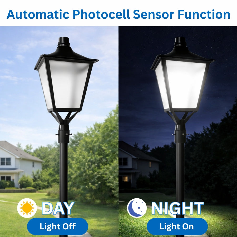 120W LED Outdoor Post Lantern with Automatic Photocell Sensor Turning Light Off During Day and On at Night