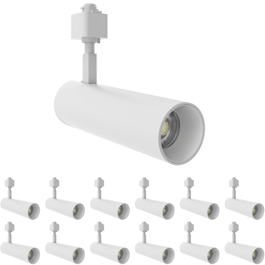 Twelve-pack white LED track lights with selectable 10W, 15W, or 20W power and 5CCT color temperature for commercial lighting.