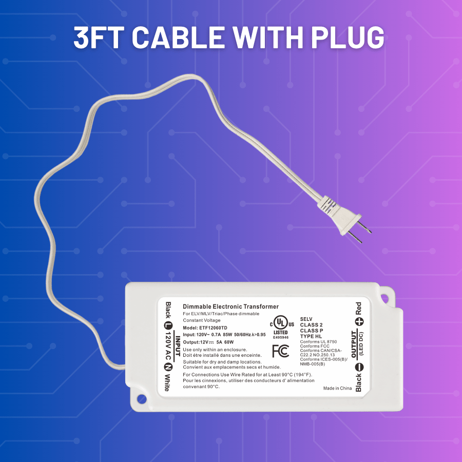 12v led driver dimmable​ with 3ft cable with plug at switchtoled