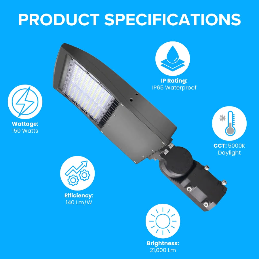 Specifications of 150W bronze LED area light showing 21,000 lumens and 5000K daylight color.