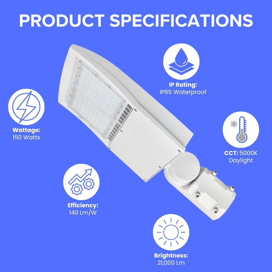 Product specifications of 150W LED area light showing 21,000 lumens and 5000K daylight output.