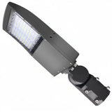 150W LED parking lot shoebox light in bronze finish with adjustable mounting arm.