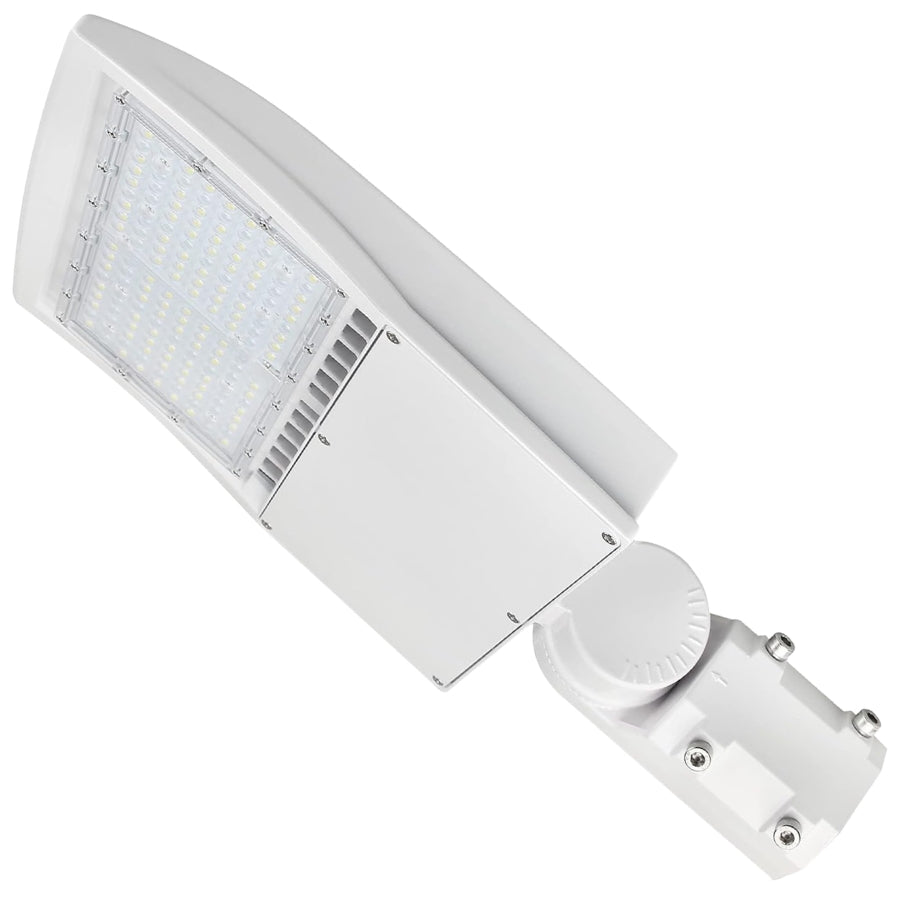 150W LED parking lot shoebox light in white housing with adjustable mount.