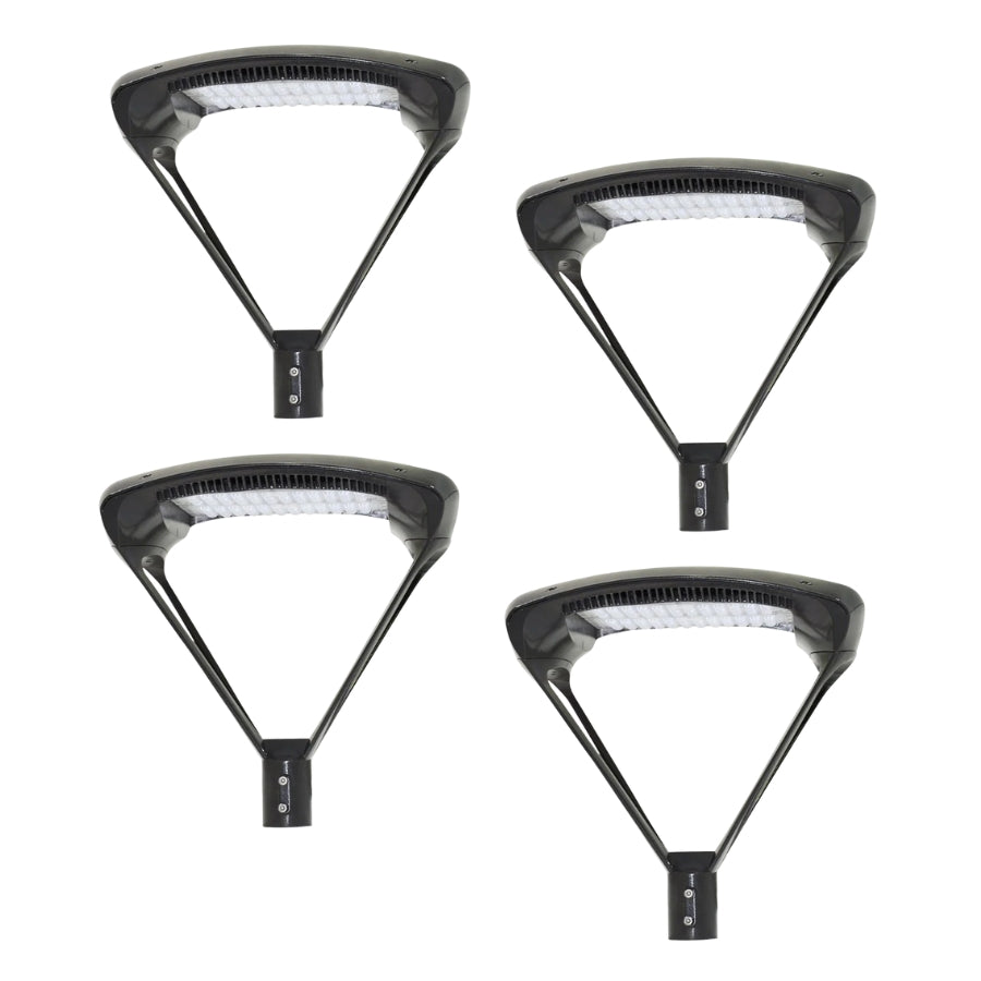 Four black outdoor post lights on a white background at switchtoled.