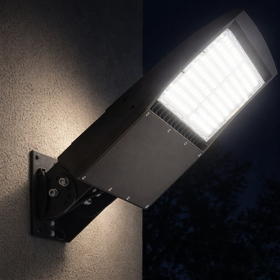 150W LED Parking Lot Area Light Installed Outdoor Wall Mount at Night