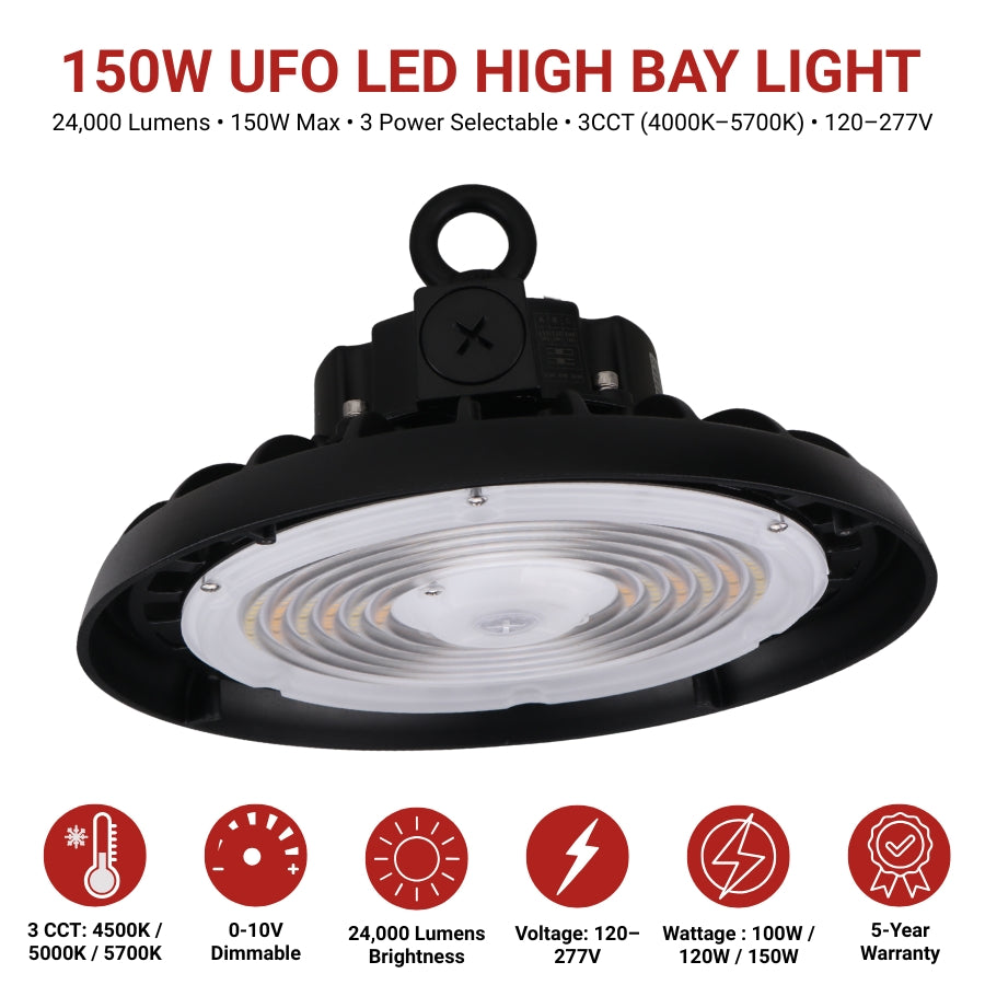 Energy-efficient UFO high bay LED light producing up to 24,000 lumens with selectable color temperatures from 4000K to 5700K.