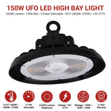 Energy-efficient UFO high bay LED light producing up to 24,000 lumens with selectable color temperatures from 4000K to 5700K.