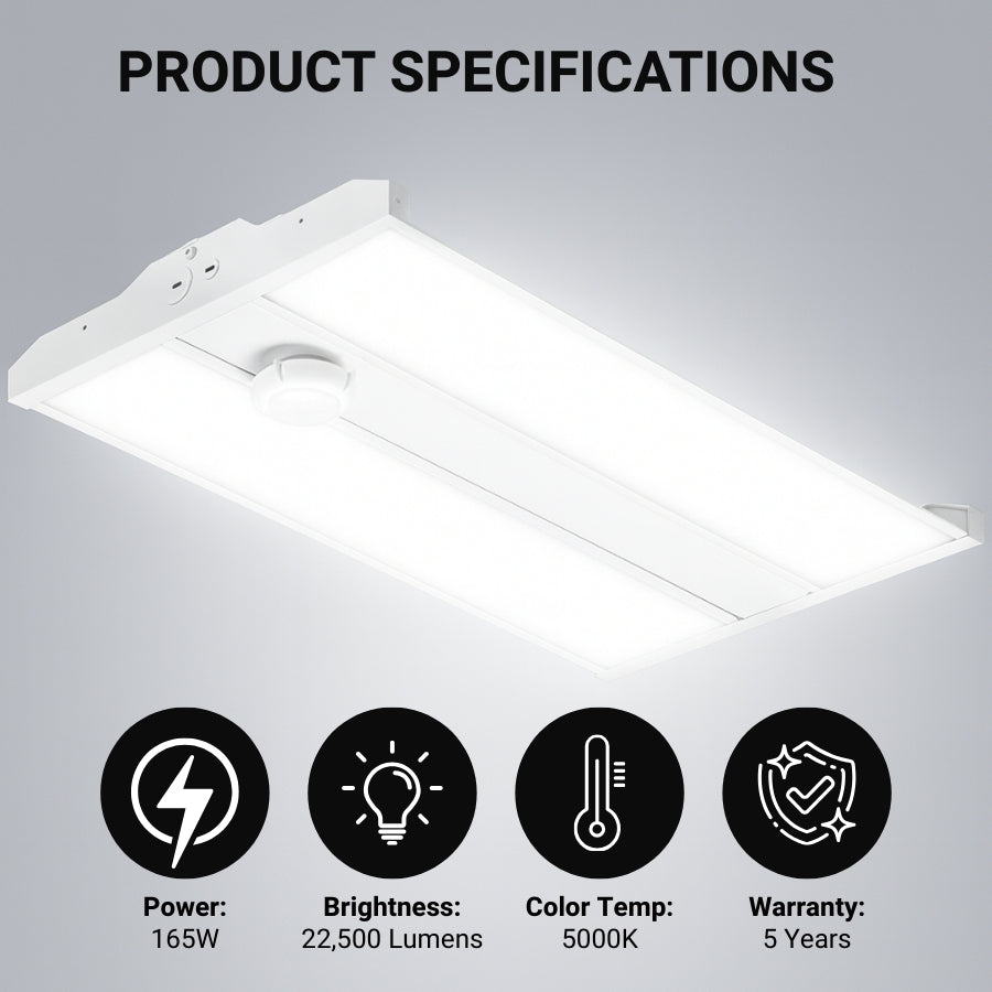 165w linear led high bay light fixtures​
 with specifications on a gray background