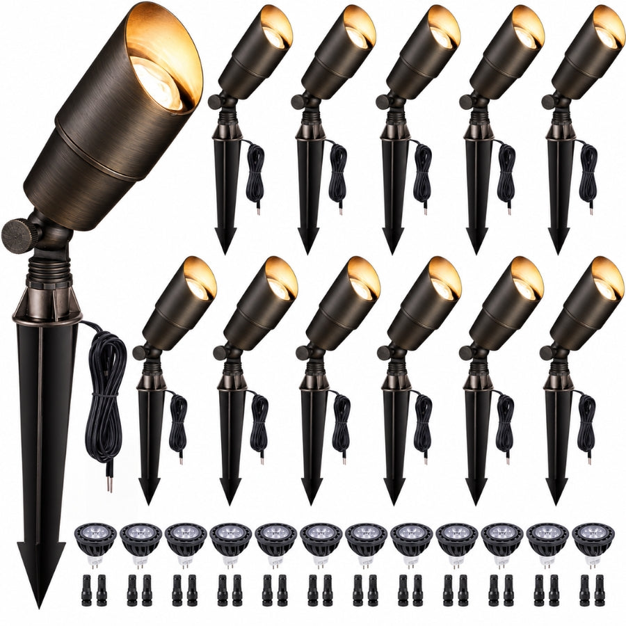 Outdoor LED Landscape Spotlight, Solid Brass 12V Low Voltage Uplight, IP65 Waterproof Bronze Garden Spot Light with 5W 450LM Warm White Replaceable MR16 Bulb, Adjustable Ground Stake for Trees, Fences and Fountains