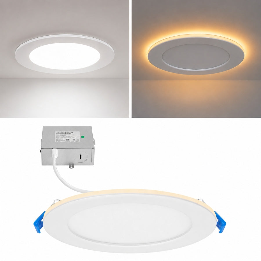 6 Inch Slim LED Recessed Downlight with Night Light, 12W, 900 Lumens, 5 CCT Selectable 2700K/3000K/3500K/4000K/5000K, 2000K Night Light, Canless, Dimmable, CRI 90, ETL Listed, IC Rated, Wet Rated, White, 120V