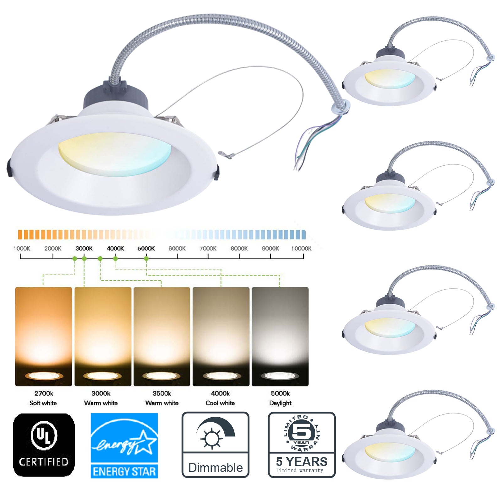 8 inch Commercial Canless LED Downlight, brightness 2400lms, Wattage Adjustable 12/20/30W, 0-10V Dimmable Recessed Ceiling Light Fixture, 5 CCT 2700K-5000K, 120-277V IC Rated UL & Energy Star