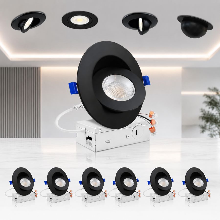 4 Inch Gimbal LED Recessed Lighting, Black, 10W, 980 Lumens, 5CCT Selectable 2700K/3000K/3500K/4000K/5000K, 360° Rotation & 90° Tilt, Dimmable, Canless Eyeball Downlight with Junction Box, CRI90+, IC Rated, ETL Listed